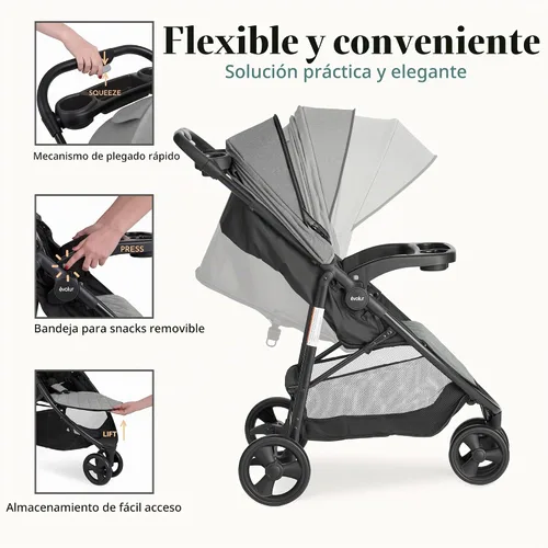 Vista 4 de Cochecito Evolur Breeze en gris, respaldo y techo ajustables, cochecito compacto plegable ligero para bebé/niño pequeño con canasto de almacenamiento