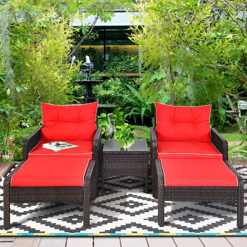 Vista 10 de Juego de muebles de mimbre para patio, juego de conversación de mimbre modular para exteriores con 2 otomanas y mesa de centro de vidrio templado