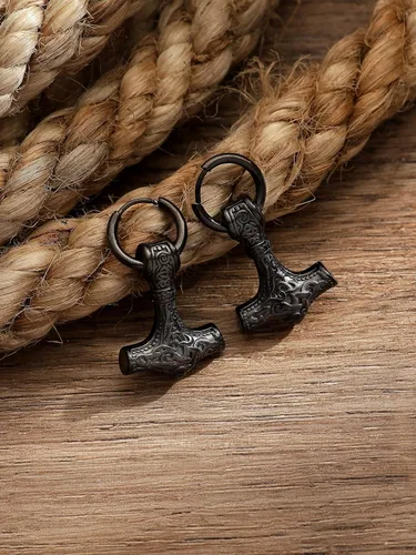 Vista 4 de HAQUIL Viking Jewelry - Amuleto vikingo con diseño de hacha de lobo y runa Mjolnir, aretes colgantes para hombres y mujeres
