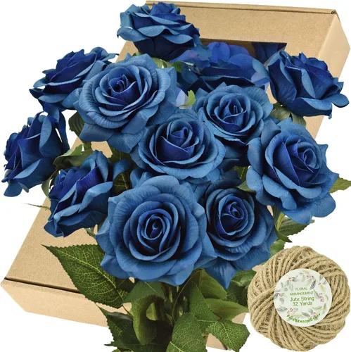 Vista 24 de FiveSeasonStuff 12 tallos de flores artificiales azul hielo, rosas de seda de tacto real para decoración de boda, en caja de regalo Azul helado