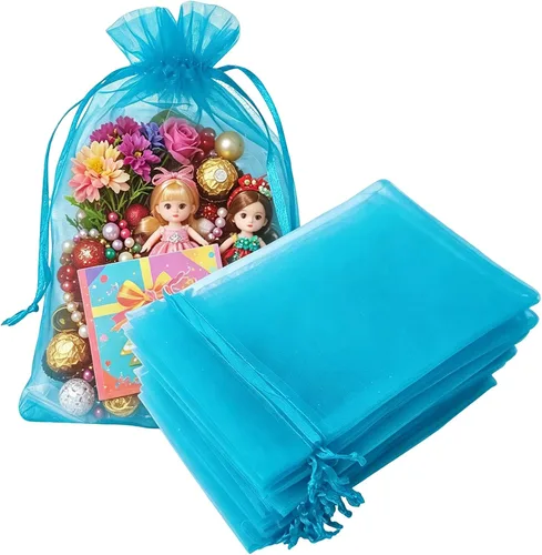 Vista 15 de Juego de 50 bolsas de organza de regalo con cordón azul aguamarina de 4 x 6 pulgadas para baby shower, Navidad, boda, recuerdos de fiesta, despedida