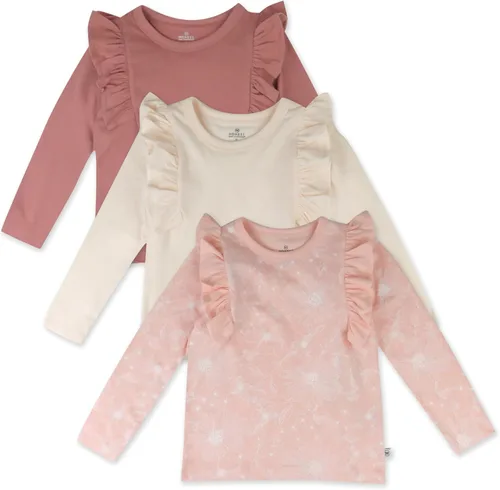 Vista 5 de HonestBaby Paquete de 3 camisetas de manga larga con volantes para bebés, 100% algodón orgánico para niñas pequeñas Emerald Floral