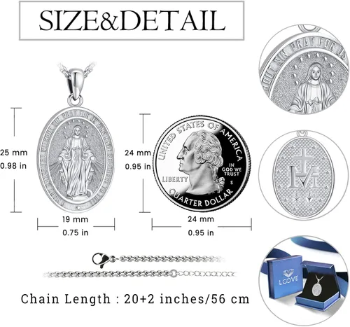 Vista 4 de LOOVE Collar de plata de ley 925 de San MiguelSan CristópaloCrucifijo de JesúsSan BenitoVirgen María milagrosa para hombres y mujeres arcángel