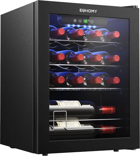 Vista 9 de EUHOMY Nevera de vino independiente de 18 litros, mini nevera para 4 botellas y 6 latas para vino tinto y blanco, bodega con pantalla digital LED
