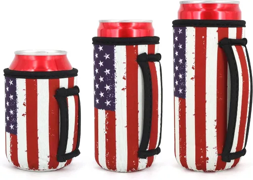 Vista 39 de 3 Pack de fundas aisladas reutilizables de neopreno con asa para soda, bebida energética, refresco, cerveza, seltzer duro, fundas para latas de 12
