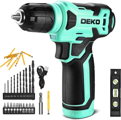 Vista 11 de Taladro inalámbrico DEKOPRO de 8 V, juego de taladro con mandril sin llave de 3/8 pulgadas, 42 piezas de accesorios, LED incorporado, cable de carga