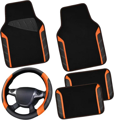 Vista 12 de CAR PASS Funda para volante de cuero y alfombrillas de coche impermeables, combo universal de microfibra para coche, diseño deportivo antideslizante
