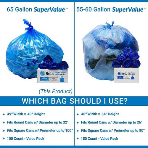 Vista 7 de Reli. Bolsas de reciclaje azules de 65 galones, 100 unidades, resistentes, bolsas de basura grandes