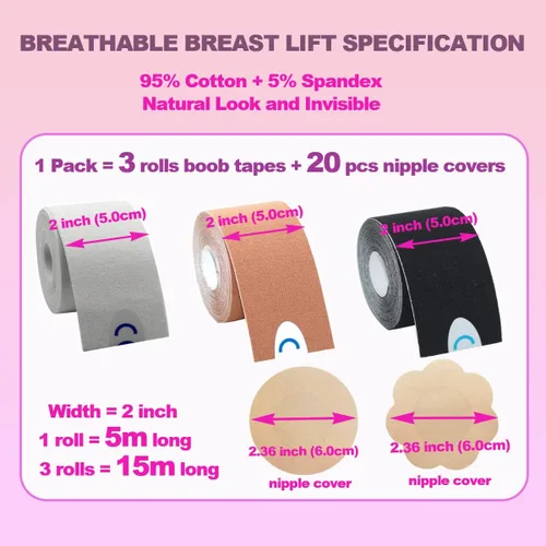 Vista 2 de KuXiYu Boobytape for Breast Lift tape Bob Tape for Large Breasts Boob Tape Satin Nipple Cover Invisible Adhesive Bra Tape