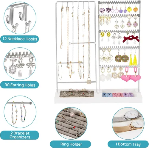 Vista 4 de Vtopmart Organizador de aretes, 5 niveles, organizador de aretes para venta, organizador de joyas con 90 agujeros, plateado y blanco