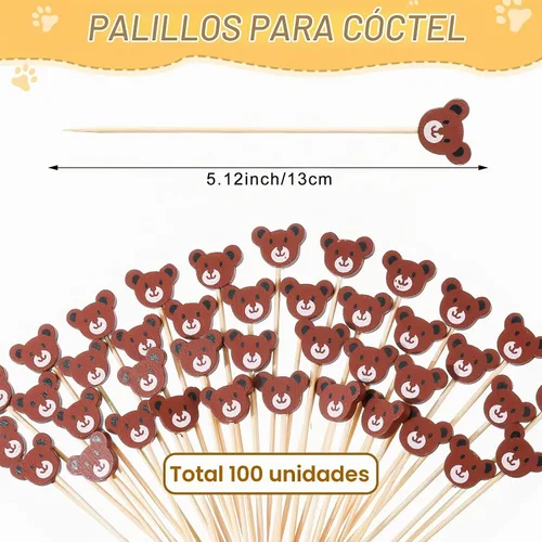 Vista 2 de Meanplan 100 palillos de cóctel con cara de oso, brochetas de bambú para aperitivos, lindos palillos de comida de oso, palillos de dientes