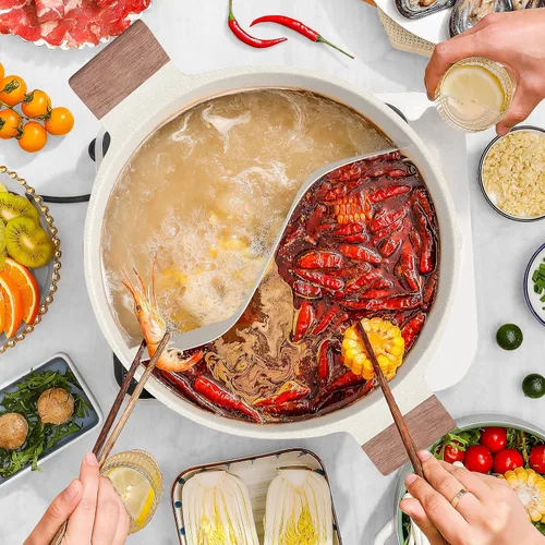 Vista 5 de Dezin Olla caliente de doble sabor con divisor, olla Shabu Shabu antiadherente de 5 cuartos de galón, olla caliente de doble cara de 12 pulgadas