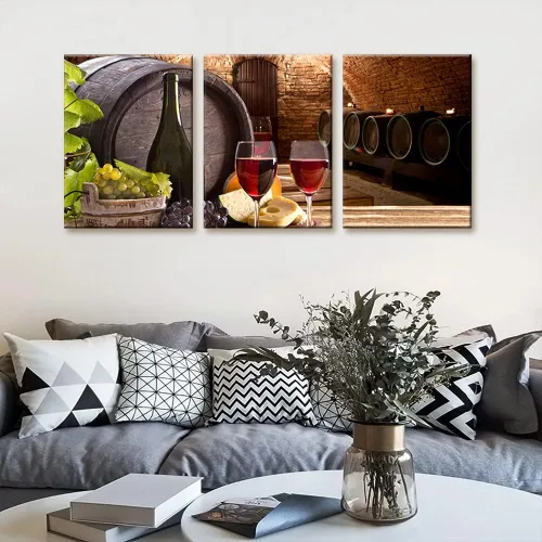 Vista 2 de Arte de pared para cocina, bodega de vino tinto, barriles de madera y uvas de frutas, pintura para sala de estar, lienzo de 3 paneles, decoración