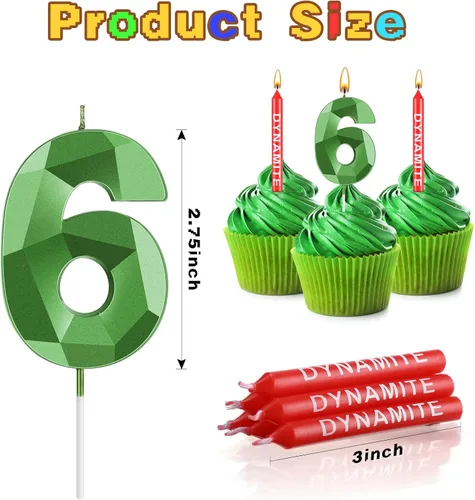 Vista 4 de Fumete 13 velas de dinamita, velas de cumpleaños de píxeles verdes, decoración de cumpleaños temática de juego para temática de píxeles