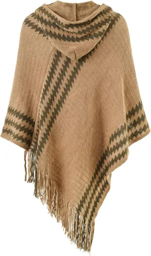 Vista 2 de Ferand Suéter poncho de punto con capucha y rayas en zigzag para mujer con flecos