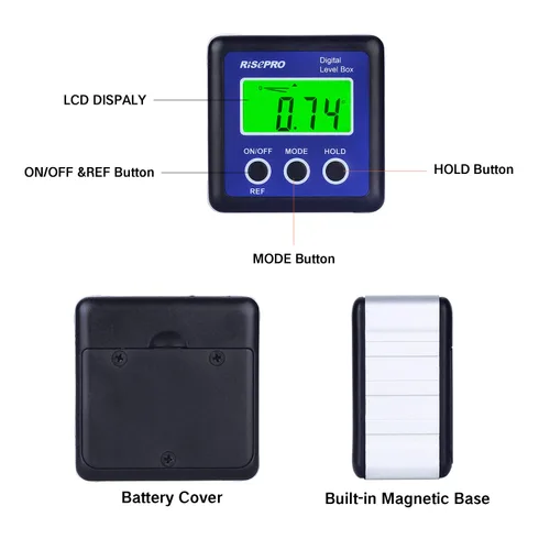Vista 2 de Caja de nivel digital Transportador Medidor de ángulos Inclinómetro Caja de bisel con retención de datos, base magnética y retroiluminación LCD Azul