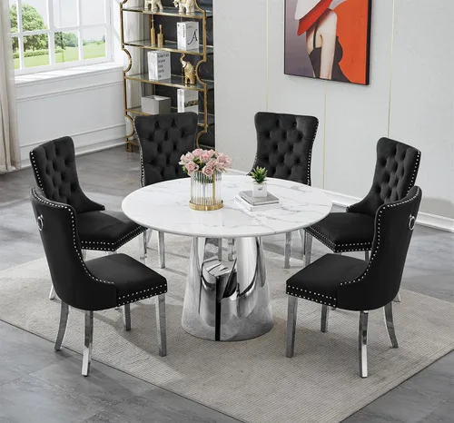 Vista 35 de SSLine Mesa de comedor redonda de mármol sintético blanco para 4-6, mesa de Mesa de oro blanco