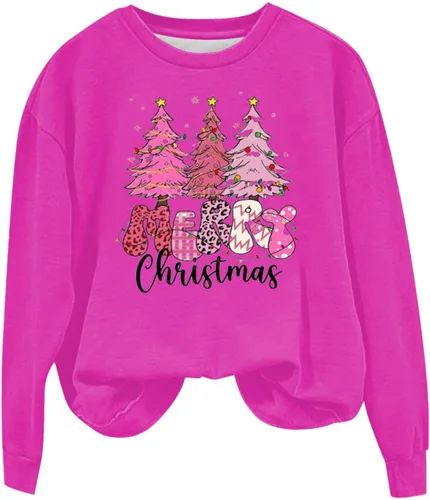Vista 4 de Suéter con estampado navideño para mujer, sudadera de manga larga cuello redondo, camisetas holgadas lindas