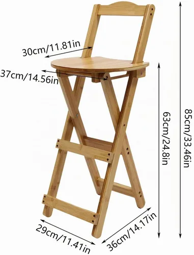 Vista 2 de Taburete de bar plegable de bambú con respaldo y reposapiés, sillas de bar portátiles para el hogar, isla de cocina, desayuno, sin montaje