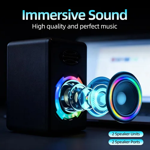 Vista 2 de Altavoces RGB para computadora de juegos, Bluetooth 5.0 barra de sonido de PC alimentada por USB con iluminación dinámica, audio estéreo