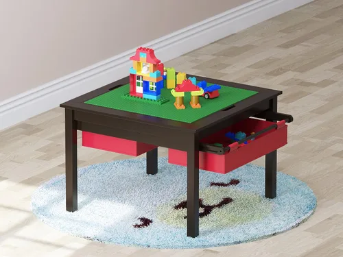 Vista 5 de UTEX Mesa de juego de construcción 2 en 1 para niños con cajones de almacenamiento y plato integrado (Espresso)