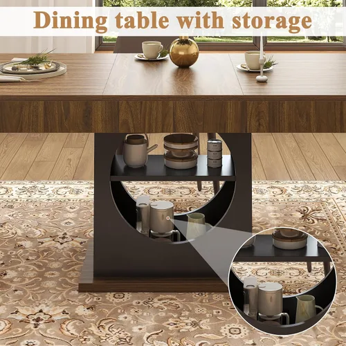 Vista 4 de Mesa de comedor para 4-6 personas, mesa de comedor de 55 pulgadas con cajones y almacenamiento abierto, base de pedestal de madera, mesa rectangular