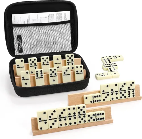 Vista 9 de Juego de dominós jumbo para adultos con 4 estantes/bandejas de madera, juego de dominós doble 6 para viajes con estuche portátil, juego de dominós