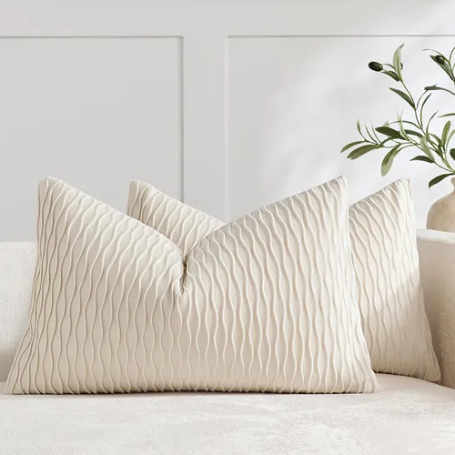 Vista 24 de DEZENE Fundas de almohada para sofá color marfil blanco: pack de 2 fundas de almohada cuadradas de terciopelo a rayas originales de 16x16 pulgadas