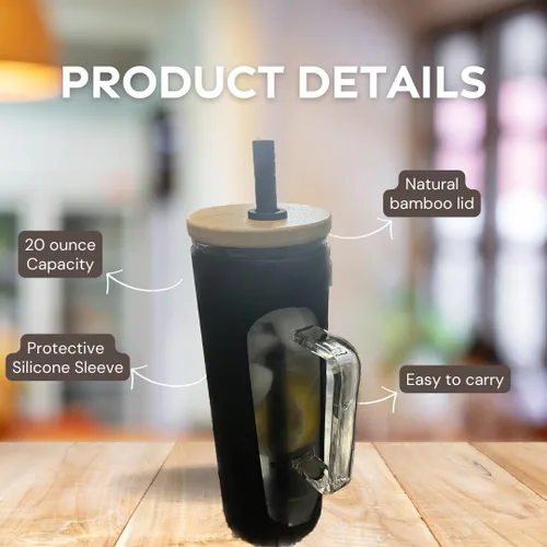 Vista 3 de Vaso de vidrio de 20 onzas con asa, taza de batido de café Boba con tapa de bambú, funda protectora de silicona, sin BPA (negro)