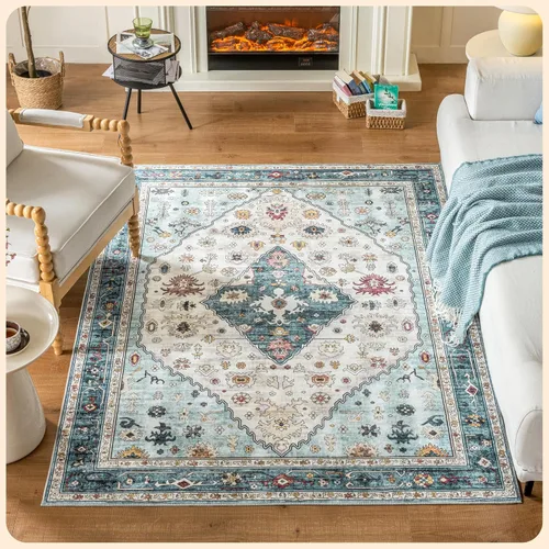 Vista 43 de Istana Alfombra larga antideslizante de 2.5 x 8 para el hogar, para pasillo y cocina, lavable, sedosa y suave al tacto, elegante, color azul y marfil