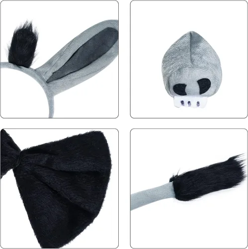 Vista 4 de Jmkcoz Disfraz de animal de burro para niños, diadema de orejas de burro gris, diadema, cola de lazo, patas, tutú para niñas y niños, fiesta