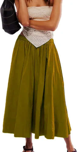 Vista 9 de Zontroldy Falda midi de moda para mujer, cintura elástica, plisada, casual, de algodón, con bolsillos