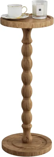 Vista 16 de Mesa auxiliar redonda pequeña, mesa de madera de acacia para espacios pequeños, mesas decorativas modernas, mesas auxiliares de café con pedestal