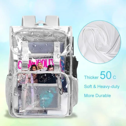 Vista 41 de Mochila transparente, aprobada por el estadio, para niñas y niños, mochila transparente de PVC resistente para mujeres y hombres