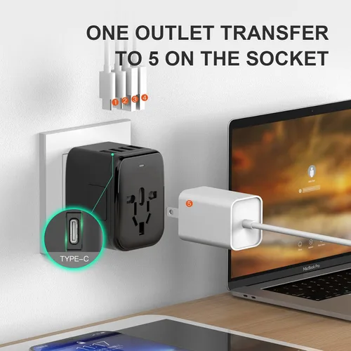 Vista 2 de Adaptador de Viaje Universal, VYLEE 5 en 1 Adaptador de Corriente Internacional, 3.5A 2xUSB-A y 2xUSB-C Cargador de Pared, Enchufe Esencial de Viaje