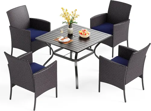 Vista 19 de PHI VILLA Juego de comedor al aire libre de 5 piezas para 4, mesa de comedor cuadrada de metal y sillas de mimbre de ratán con cojines, muebles