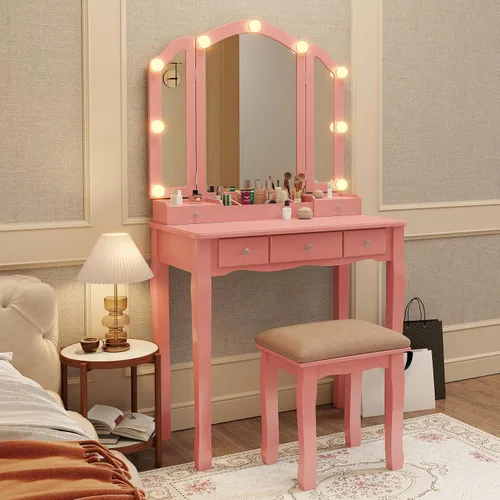 Vista 3 de Tocador de maquillaje rosa para niñas, escritorio con espejo y luces, tocador para niñas con luces, juego de tocador de maquillaje tocadores
