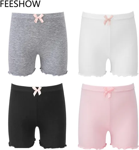 Vista 2 de FEESHOW Paquete de 4 pantalones cortos de baile para niñas, pantalones cortos de ciclismo, gimnasia, yoga, pantalones cortos activos para debajo