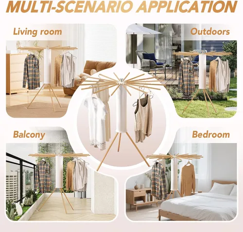 Vista 4 de Trípode plegable para secado de ropa, madera de haya y soporte de lavandería portátil, colgador plegable que ahorra espacio con 16 brazos