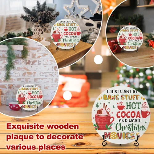 Vista 5 de Decoraciones navideñas para el dormitorio del hogar, letrero redondo de madera de cacao caliente con soporte de hierro para estante de mesa de Hot
