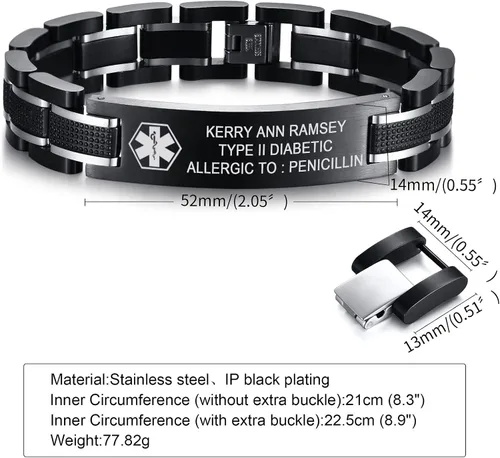 Vista 2 de MEALGUET Pulsera de identificación médica con grabado personalizado gratuito de 2 tonos, azul y negro, acero de titanio, pulsera de alerta médica