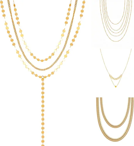 Vista 4 de KOSMOS-LI Juego de 60 joyas chapadas en oro con collares de disfraces, pulseras, aretes, anillos de nudillos para mujer