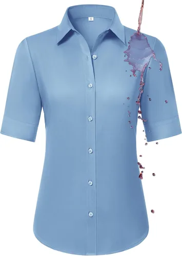 Vista 7 de Camisas con botones para mujer, ajustadas, de manga corta, con cuello, sin arrugas