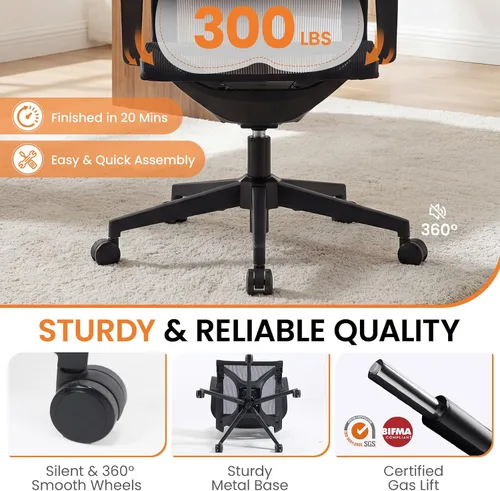 Vista 6 de LuxErgo Ergonomic Mesh Office Chair with Lumbar Support Mid Back Desk Chair Adjustable Height, 115° Recline & Armrests, 360° Swivel Rolling