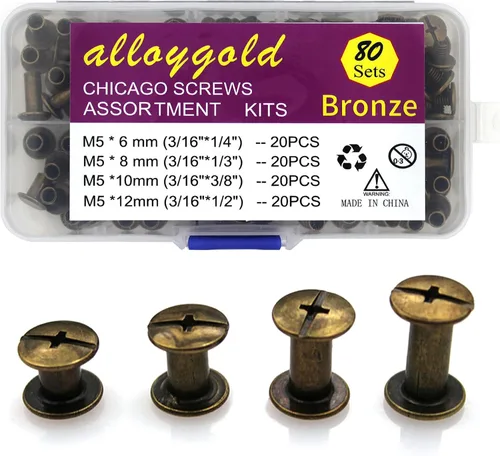 Vista 16 de ALLOYGOLD Tornillos Chicago de bronce remaches de cuero surtidos, 8 tamaños de remaches de tornillo, tornillos Chicago para decorar y reparar cuero