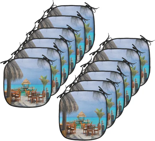 Vista 55 de Lunarable Cojín para silla costera, diván del desierto, descanso solitario, vacaciones, tropical, resort playa, ocio, asiento acolchado para cocina
