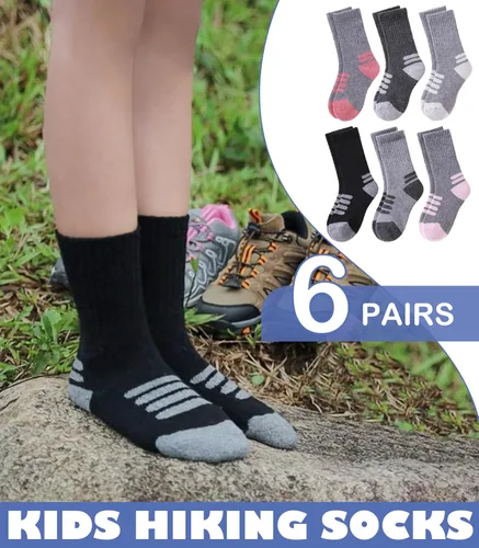 Vista 4 de LINEMIN Calcetines de senderismo de lana merino para niños y niñas, cálidos, gruesos, térmicos, acolchados, para invierno, 6 pares
