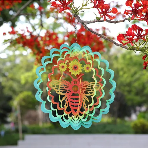 Vista 3 de Kinetic - Adorno colgante de metal 3D con diseño de abeja y viento para el hogar y el jardín, diseño de mandala de abeja de 12 pulgadas, molinos