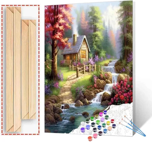 Vista 25 de Tucocoo Pintura de cabaña forestal por números para adultos, kits de pintura al óleo digital sobre lienzo con pinceles y pigmento acrílico, rueda
