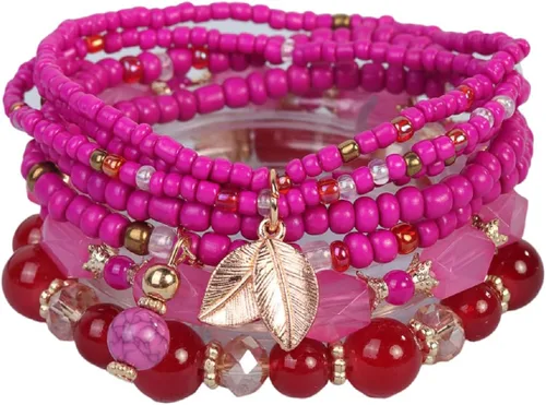 Vista 4 de 4 piezas de juego de pulseras bohemias apilables de múltiples capas con cuentas de cristal coloridas, pulseras elásticas con cuentas de oro Verde